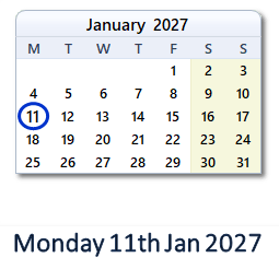 11 January 2027 calendar