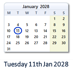 11 January 2028 calendar