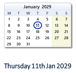 11 January 2029 calendar