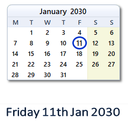 11 January 2030 calendar
