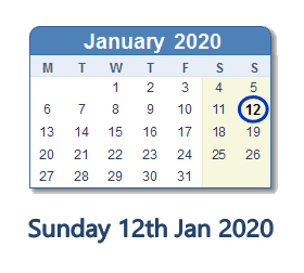 12 January 2020 calendar