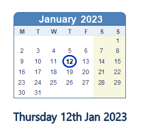 12 January 2023 calendar