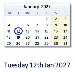 12 January 2027 calendar