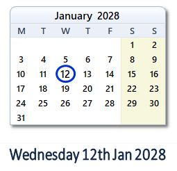 12 January 2028 calendar
