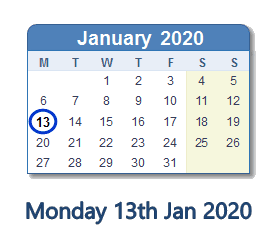 13 January 2020 calendar