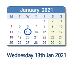 13 January 2021 calendar