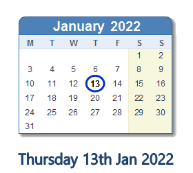 13 January 2022 calendar
