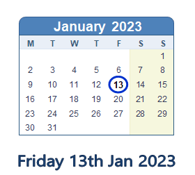 13 January 2023 calendar