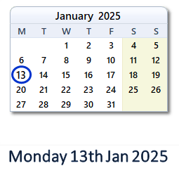 13 January 2025 calendar