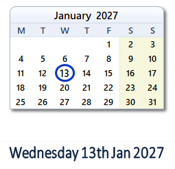 13 January 2027 calendar