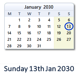 13 January 2030 calendar