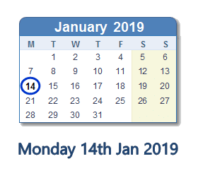 14 January 2019 calendar