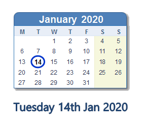 14 January 2020 calendar