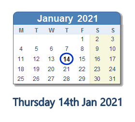 14 January 2021 calendar