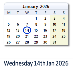14 January 2026 calendar