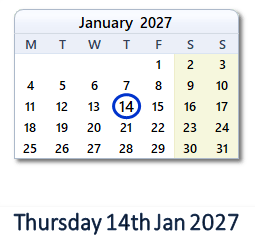 14 January 2027 calendar