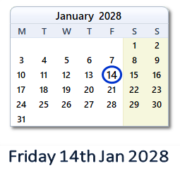 14 January 2028 calendar
