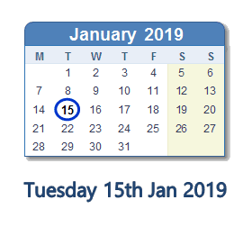 15 January 2019 calendar