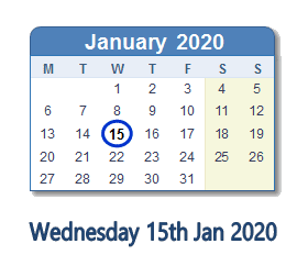 15 January 2020 calendar
