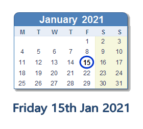 15 January 2021 calendar