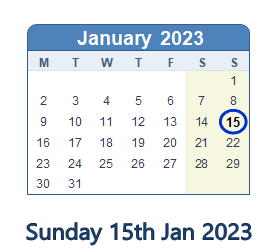15 January 2023 calendar