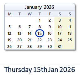 15 January 2026 calendar