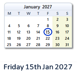 15 January 2027 calendar