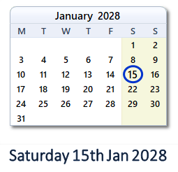 15 January 2028 calendar