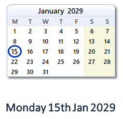15 January 2029 calendar
