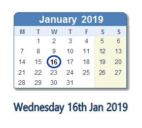 16 January 2019 calendar