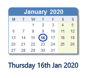 16 January 2020 calendar