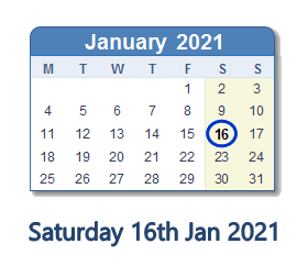 16 January 2021 calendar