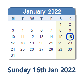 16 January 2022 calendar