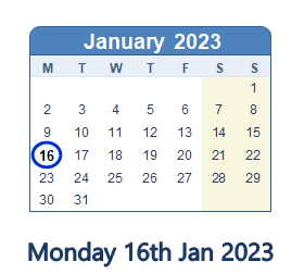 16 January 2023 calendar