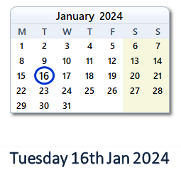 16 January 2024 calendar