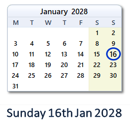16 January 2028 calendar