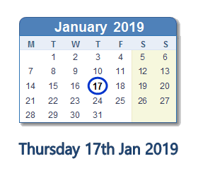 17 January 2019 calendar