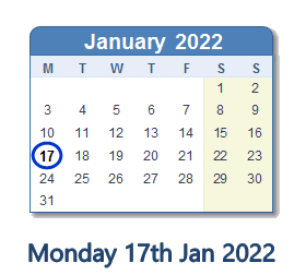 17 January 2022 Calendar With Holidays And Count Down Aus