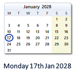 17 January 2028 calendar