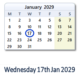 17 January 2029 calendar