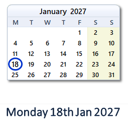18 January 2027 calendar