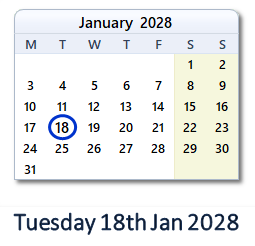18 January 2028 calendar