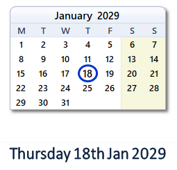 18 January 2029 calendar