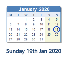 19 January 2020 calendar