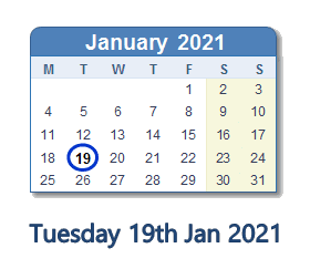 19 January 2021 calendar
