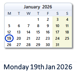 19 January 2026 calendar