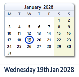 19 January 2028 calendar