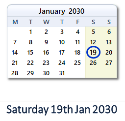 19 January 2030 calendar