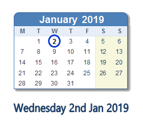 2 January 2019 calendar