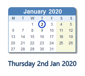 2 January 2020 calendar